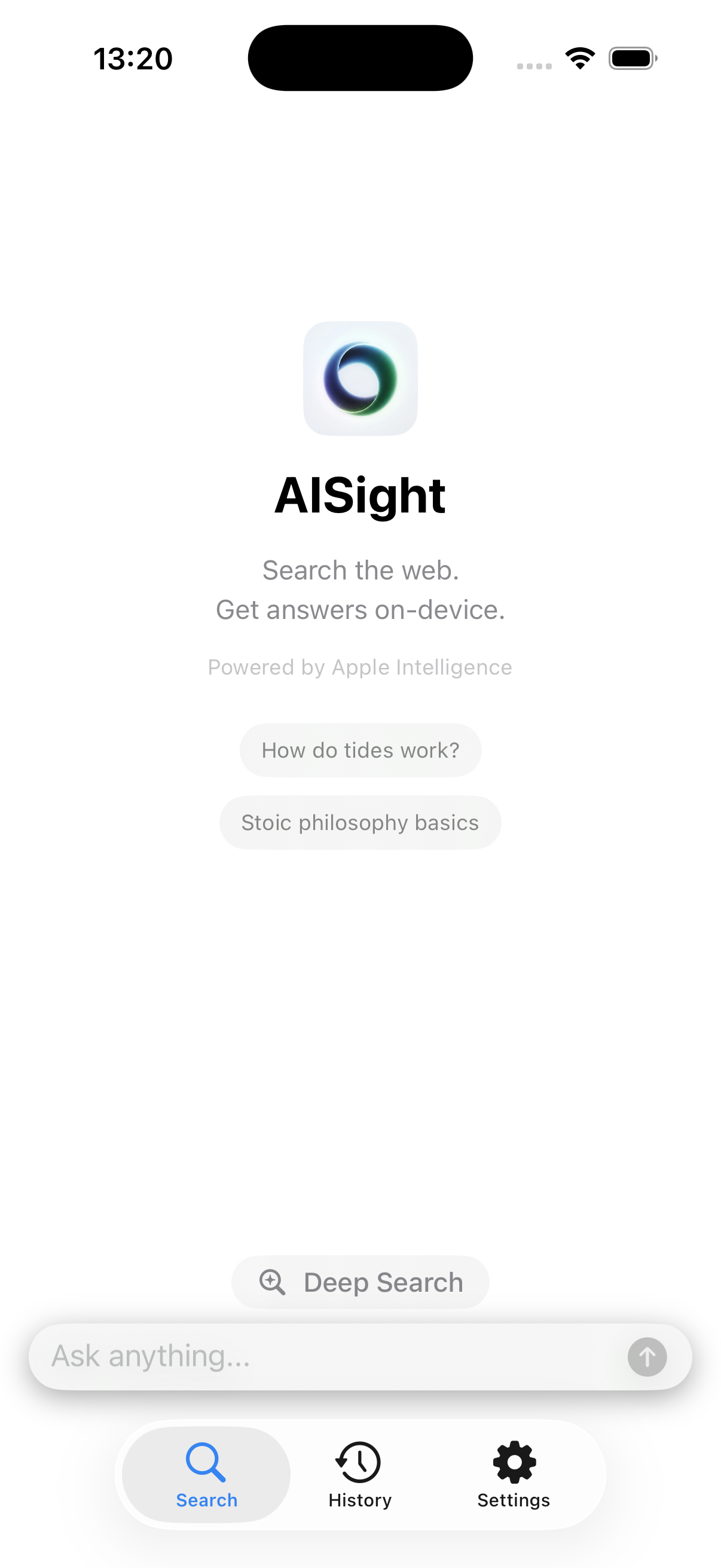 AISight private AI search app — home screen